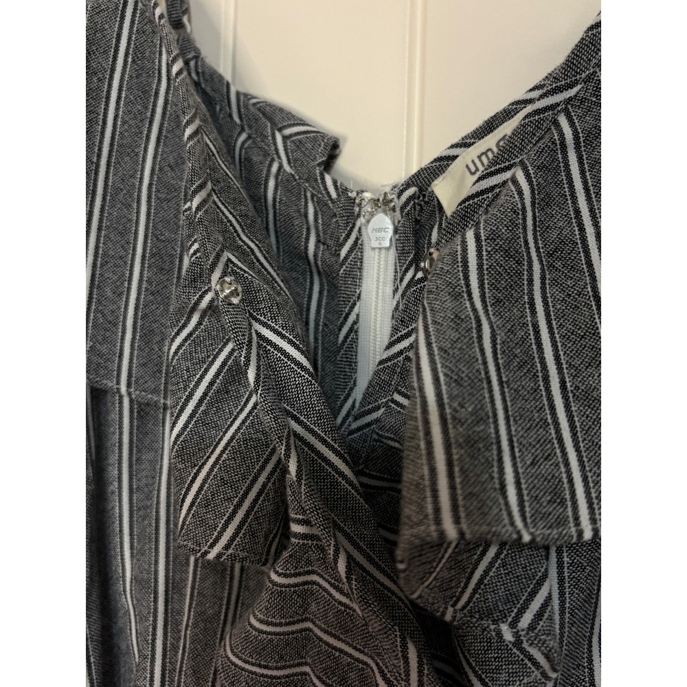 Umgee Grey Striped Off Shoulder Wide Leg Jumpsuit S Pocket Belted Ruffle Coastal - Picture 5 of 12